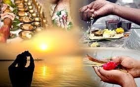 Collage featuring traditional rituals including offerings, prayers, a person performing worship at sunrise over water.