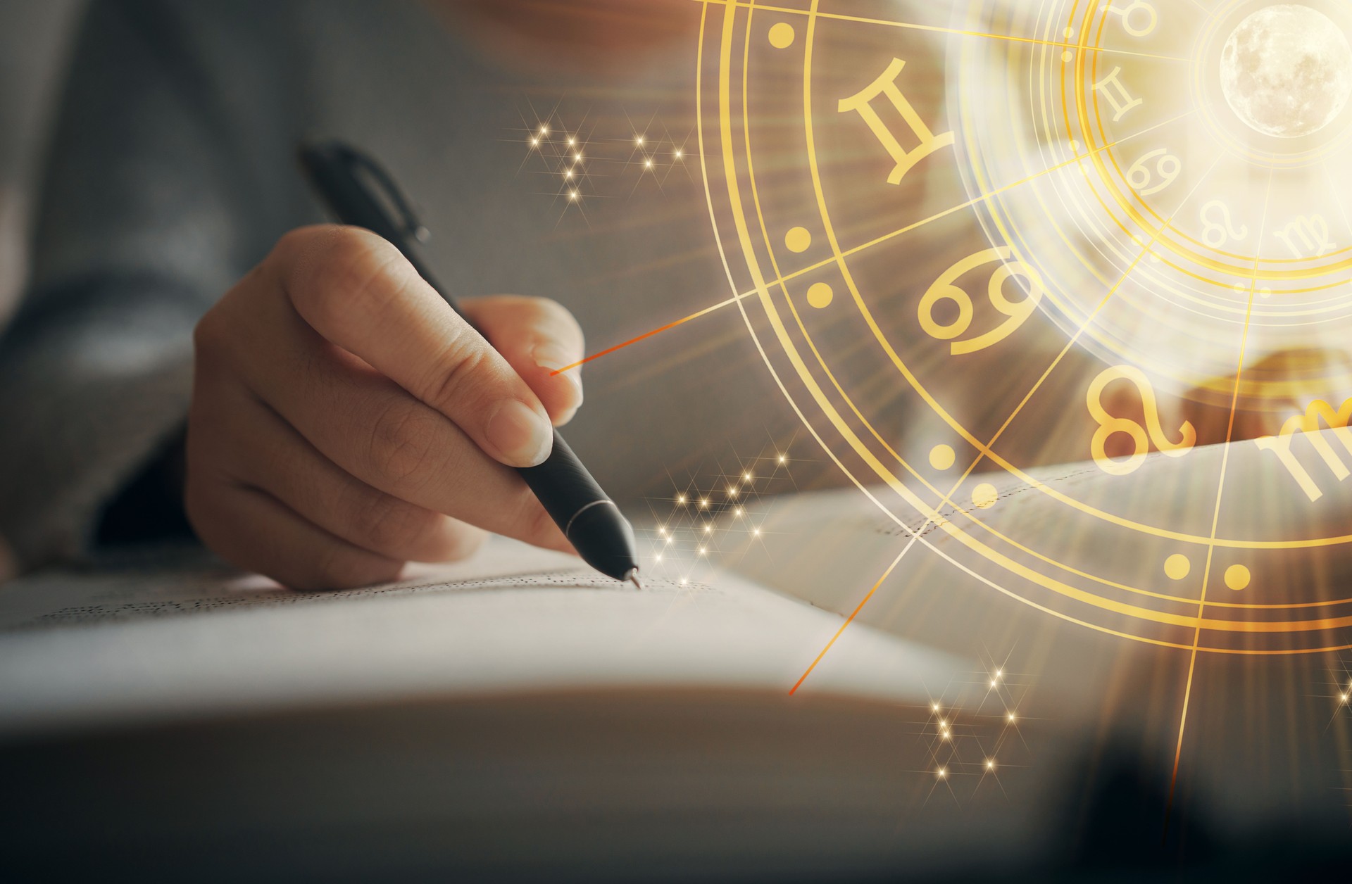 Woman reading a astrology book. Astrological wheel projection, choose a zodiac sign. Astrology esoteric concept.