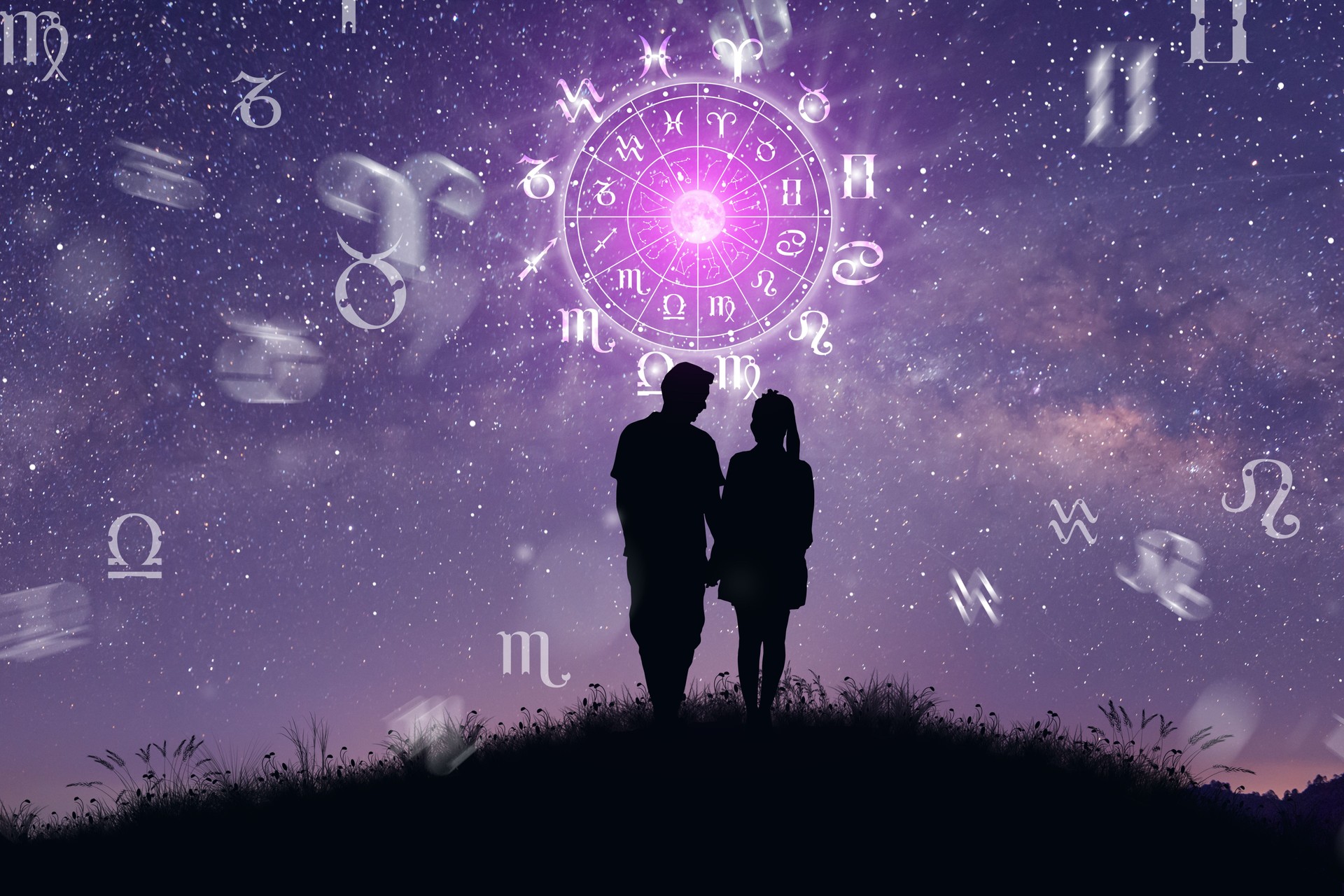 Zodiac wheel. Astrology and Couple concept.